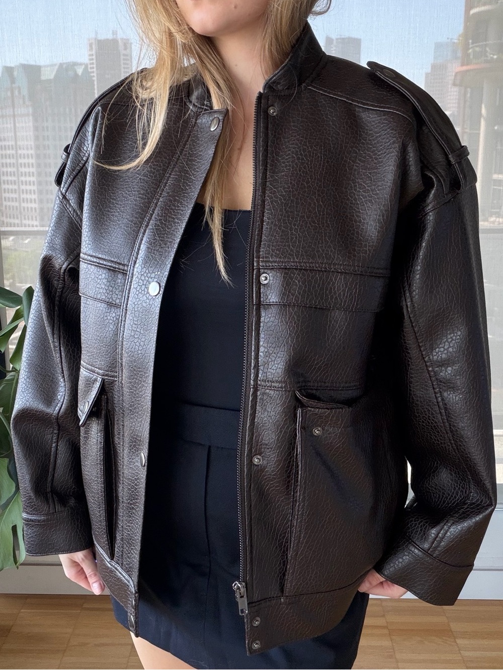 H&M Brown Faux Leather Oversized Jacket | Size S